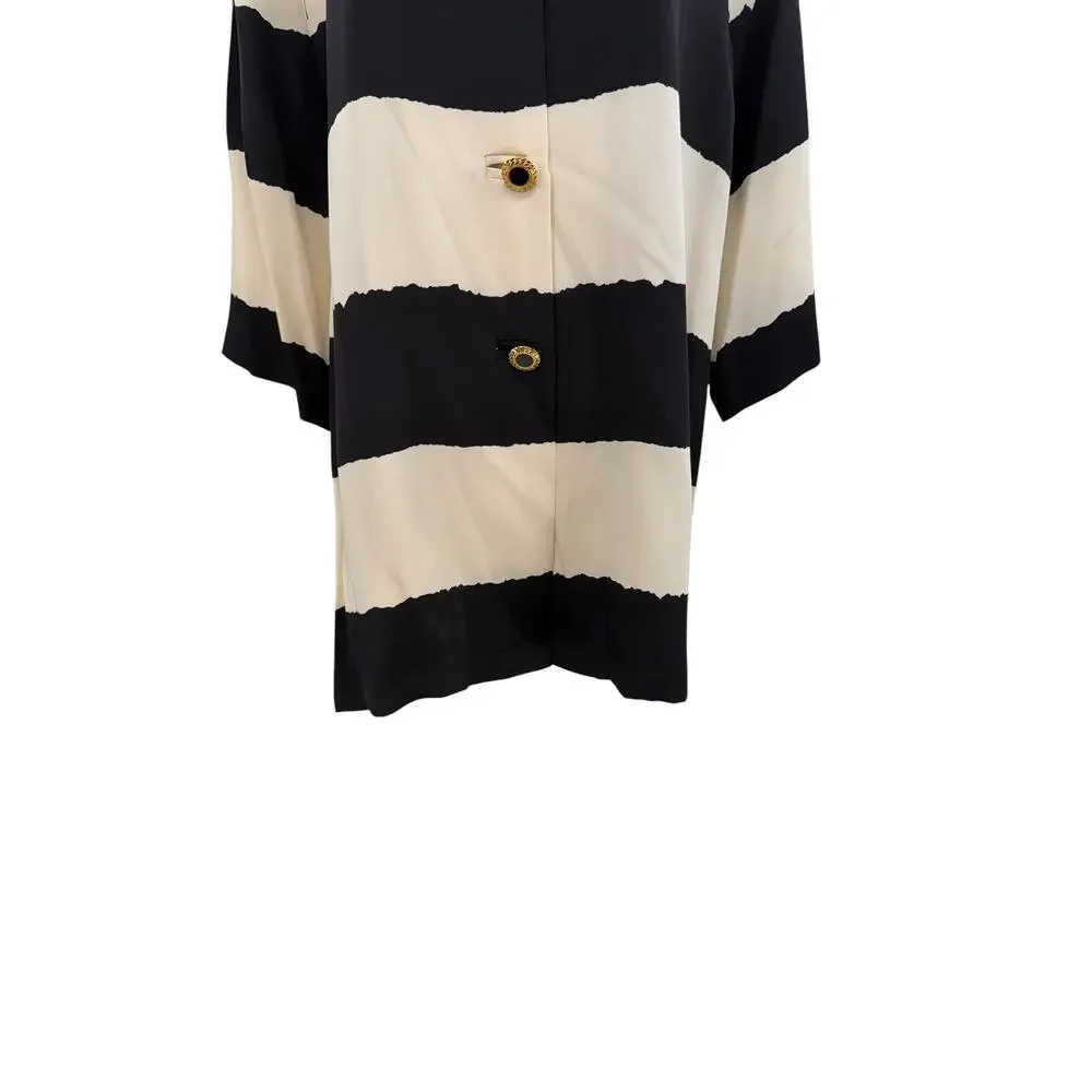Marina‎ Rinaldi Silk Stripe Button Front Top Black Ivory Italy US 16 25